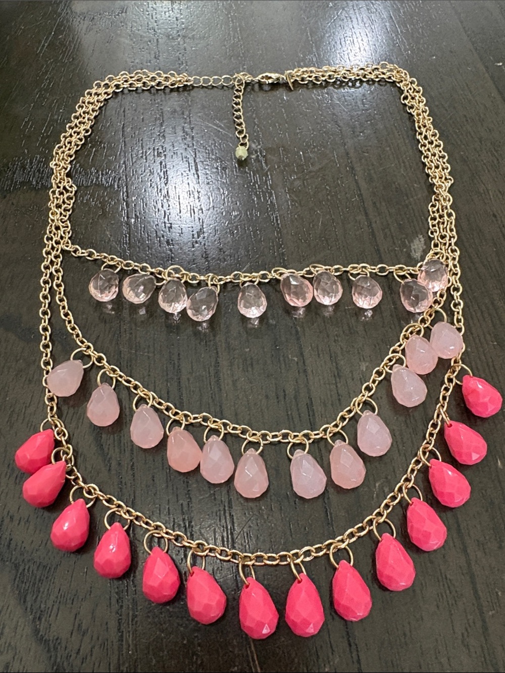 Avon Gold-Tone Layered Necklace with Light Pink and Hot Pink Drops